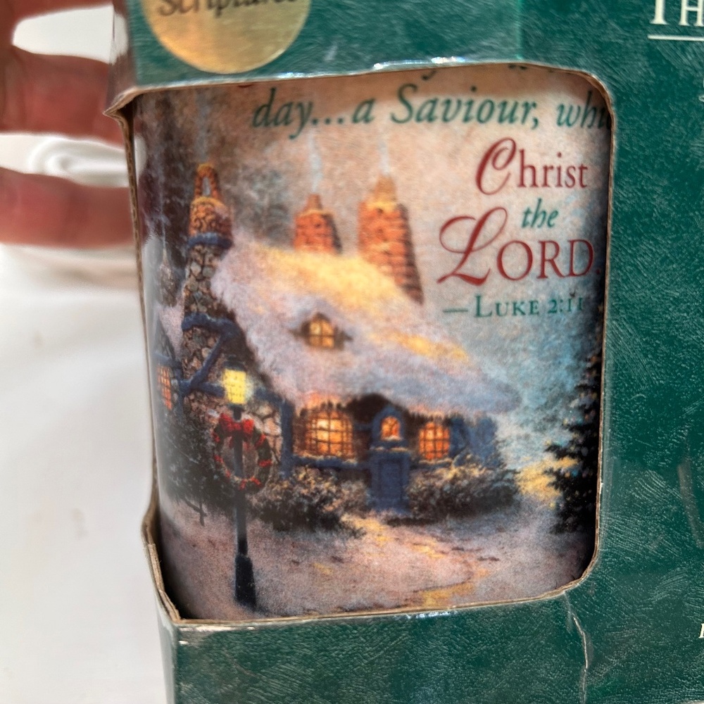 Thomas Kinkade Porcelain Christmas Coffee Mug Holiday Scene & Bible Scripture